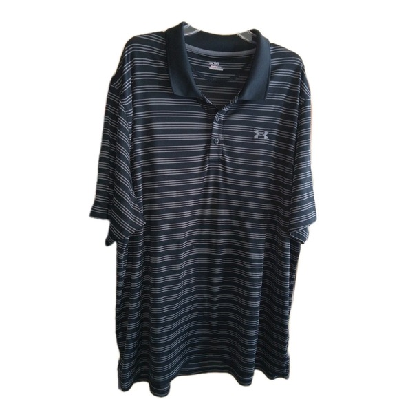 UNDER ARMOUR XXL Polo Heat Gear Dry Shirt Black Grey Striped Golf Preppy Dad Men - Picture 3 of 8